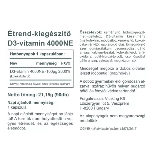Vitaking D3-vitamin 4000NE 90 kapszula